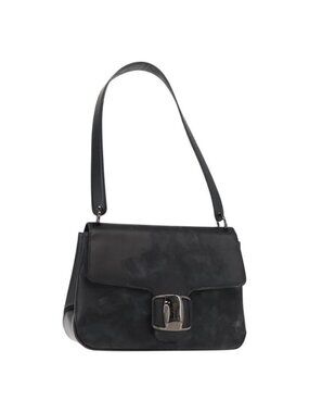 Authentic Salvatore Ferragamo Vala Shoulder Bag Leather Black Silver